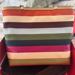 Coach Orange and Brown Tote Bag with Bold Stripes